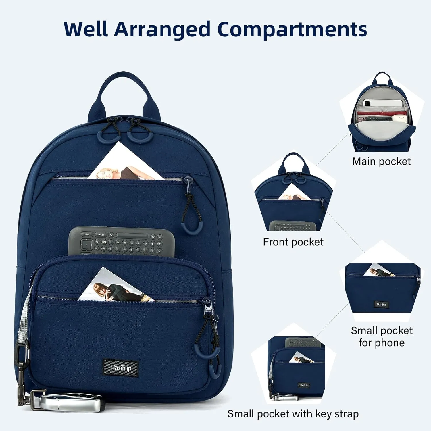 Carry On Travel Backpack For Men Women, 13 Inch Small Mini Work Bag Personal Item Backpacks, Camping Back Pack Lightweight Hiking Daypack For Office Nurse Commuter (Navy Blue)