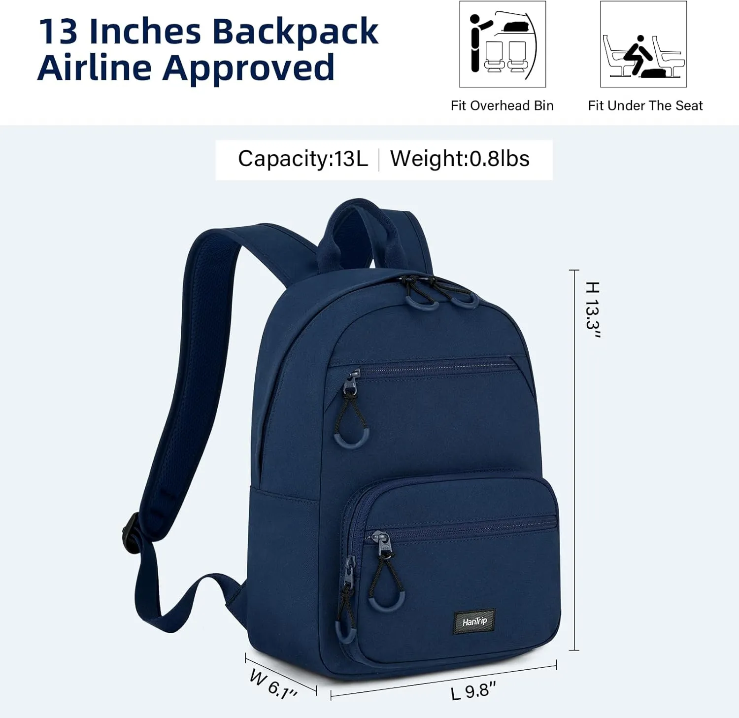 Carry On Travel Backpack For Men Women, 13 Inch Small Mini Work Bag Personal Item Backpacks, Camping Back Pack Lightweight Hiking Daypack For Office Nurse Commuter (Navy Blue)