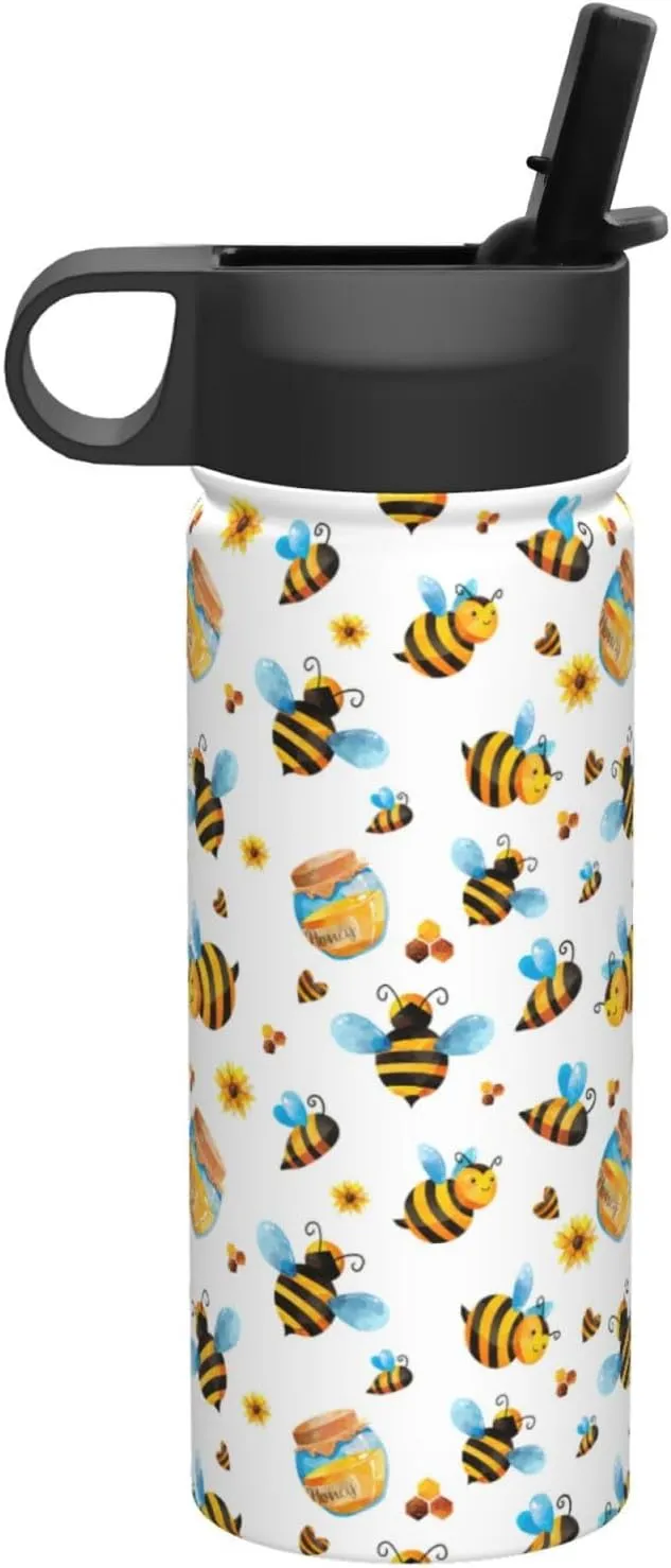 Cartoon Bee Pattern Print Flask Stainless Steel Water Bottle with Straw 18OZ FOR Outdoor Gym Commute