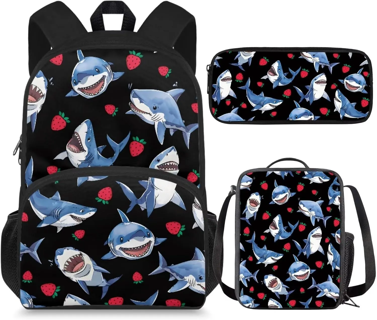 Cartoon Shark Toddler Backpack for Boys 3PCS Bookbag Set with Lunch Box Pencil Case 4-6 Kids Preschool Schoolbag Large Capacity Travel Shoulder Bag Casual Camping Backpacks Daycare Bag