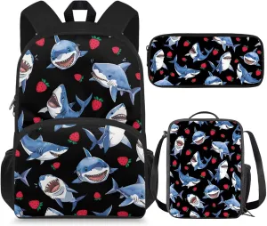 Cartoon Shark Toddler Backpack for Boys 3PCS Bookbag Set with Lunch Box Pencil Case 4-6 Kids Preschool Schoolbag Large Capacity Travel Shoulder Bag Casual Camping Backpacks Daycare Bag
