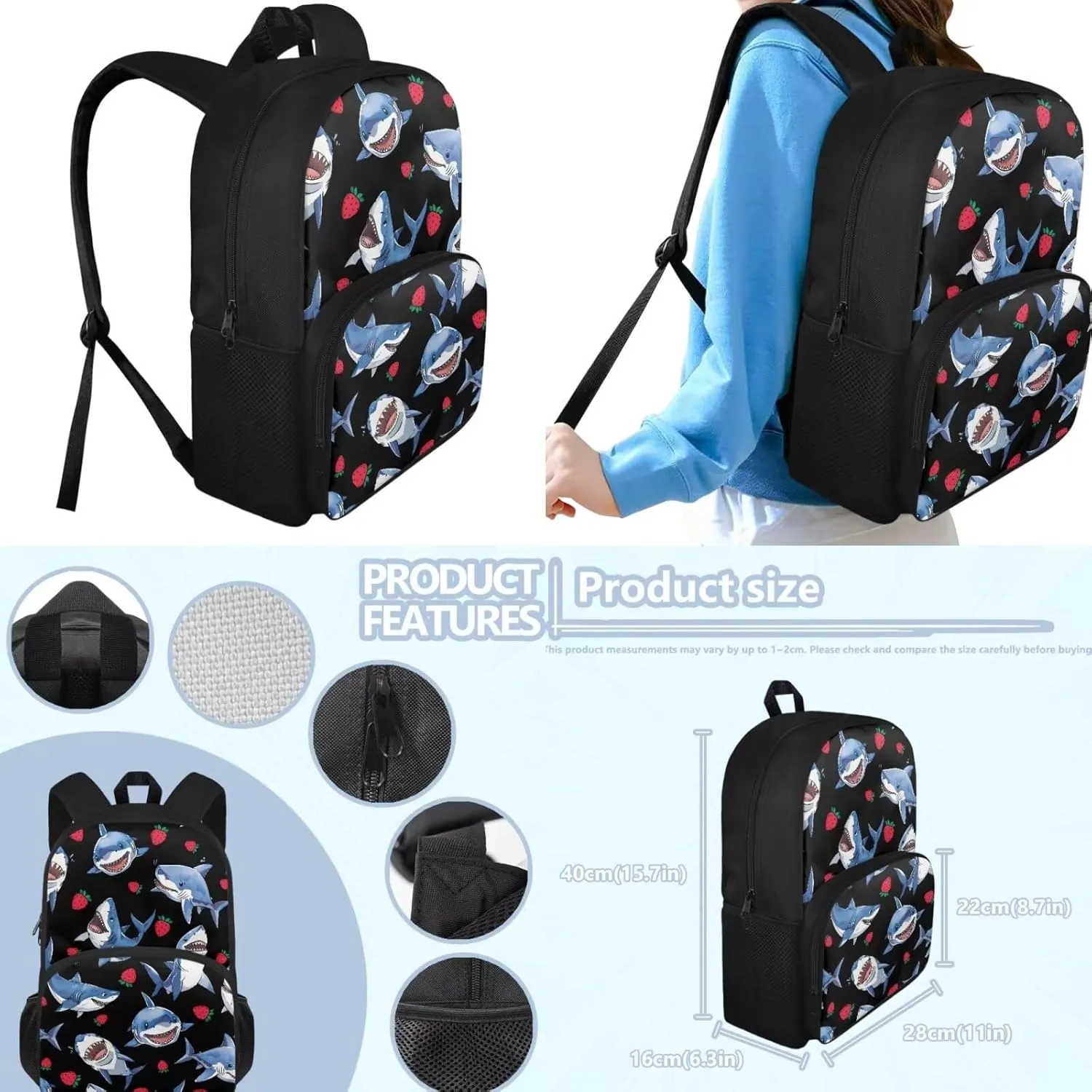 Cartoon Shark Toddler Backpack for Boys 3PCS Bookbag Set with Lunch Box Pencil Case 4-6 Kids Preschool Schoolbag Large Capacity Travel Shoulder Bag Casual Camping Backpacks Daycare Bag