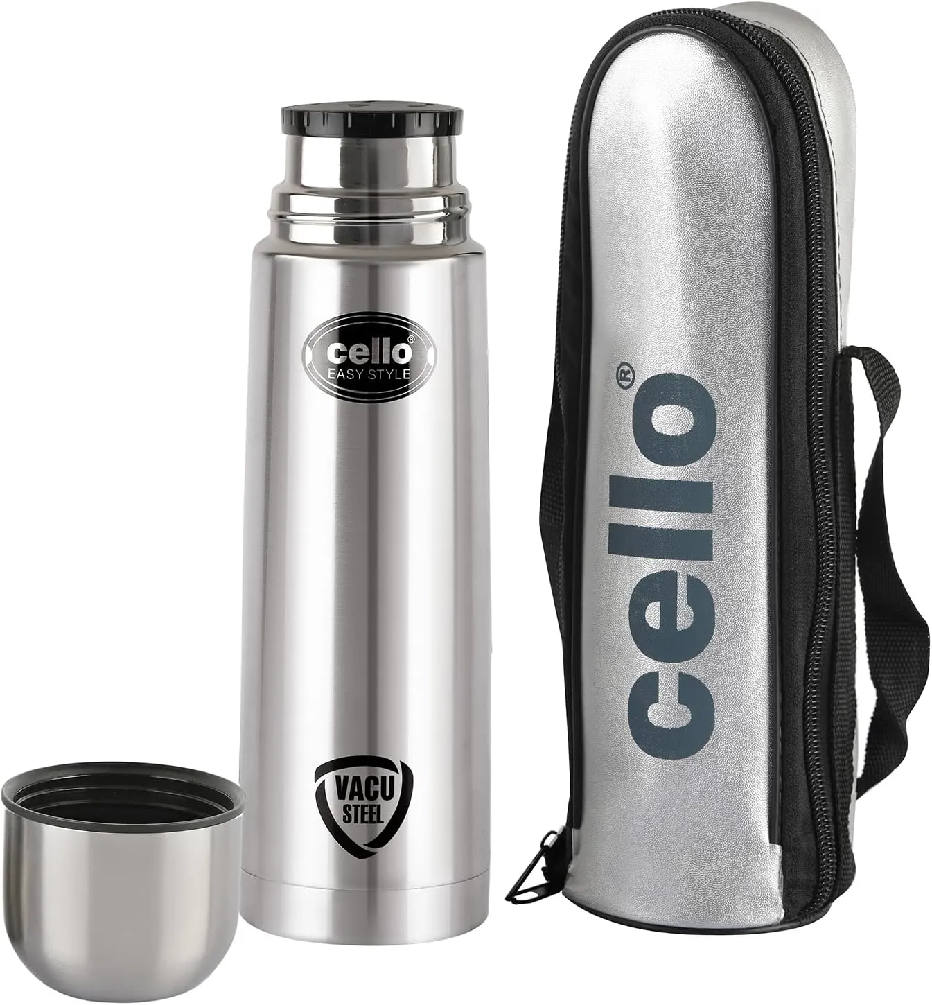 Cello Easy Style Stainless Steel Vacuum Insulated Flask with Jacket | Leak Proof | Double Walled Silver Bottle for Home, Office, Travel (17oz, Silver)
