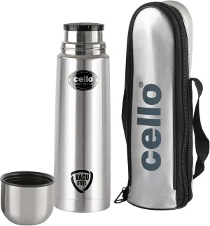 Cello Easy Style Stainless Steel Vacuum Insulated Flask with Jacket | Leak Proof | Double Walled Silver Bottle for Home, Office, Travel (17oz, Silver)