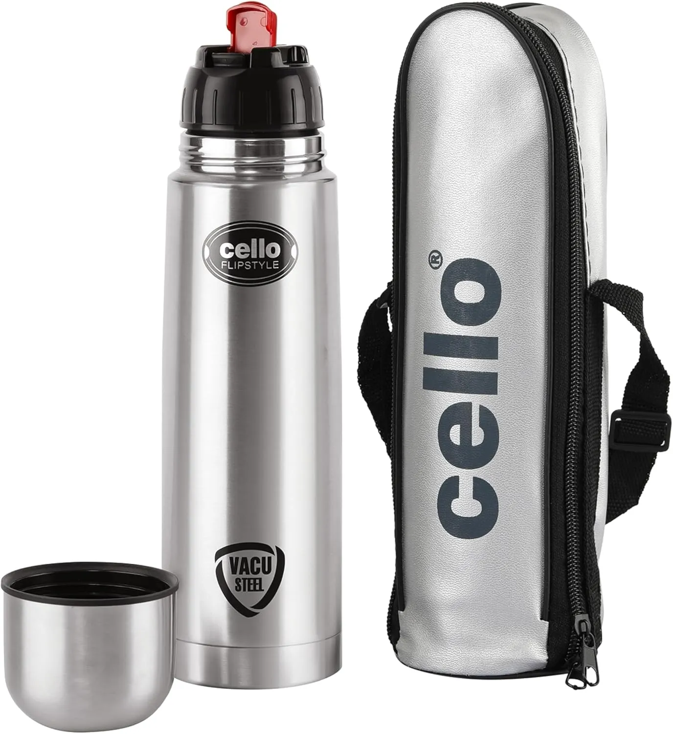 Cello Flipstyle Stainless Steel Vacuum Insulated Flask with Flip Lid and Jacket | Leak Proof | Double Walled Silver Bottle for Home, Office, Travel (34oz, Silver)