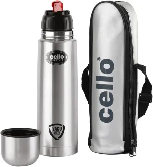Cello Flipstyle Stainless Steel Vacuum Insulated Flask with Flip Lid and Jacket | Leak Proof | Double Walled Silver Bottle for Home, Office, Travel (34oz, Silver)