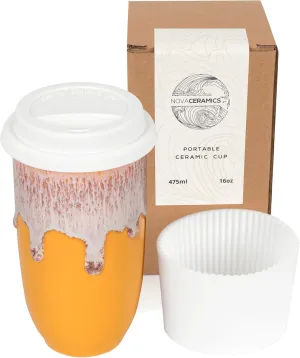 Ceramic Tumbler– Ceramic Travel Mug With Lid – Microwave & Dishwasher Safe Coffee White & Orange Tumbler - Gifts For Women Men Him Her – 16oz – Grapefruit