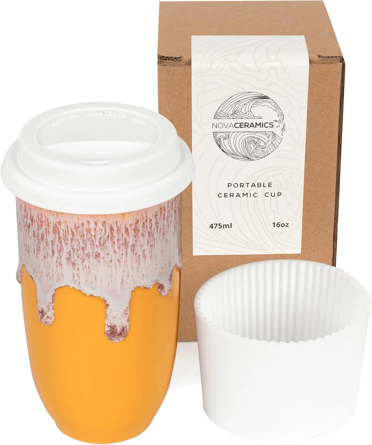 Ceramic Tumbler– Ceramic Travel Mug With Lid – Microwave & Dishwasher Safe Coffee White & Orange Tumbler - Gifts For Women Men Him Her – 16oz – Grapefruit