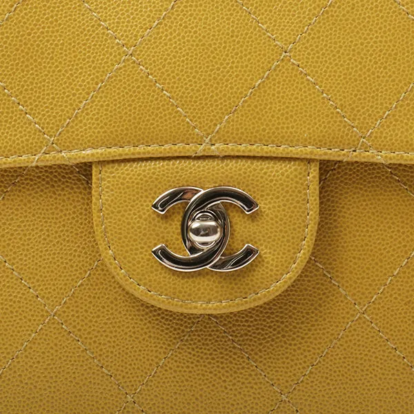 Chanel Around 1998 Made Soft Caviar Skin Classic Flap Chain Bag Lime Yellow/ Silver