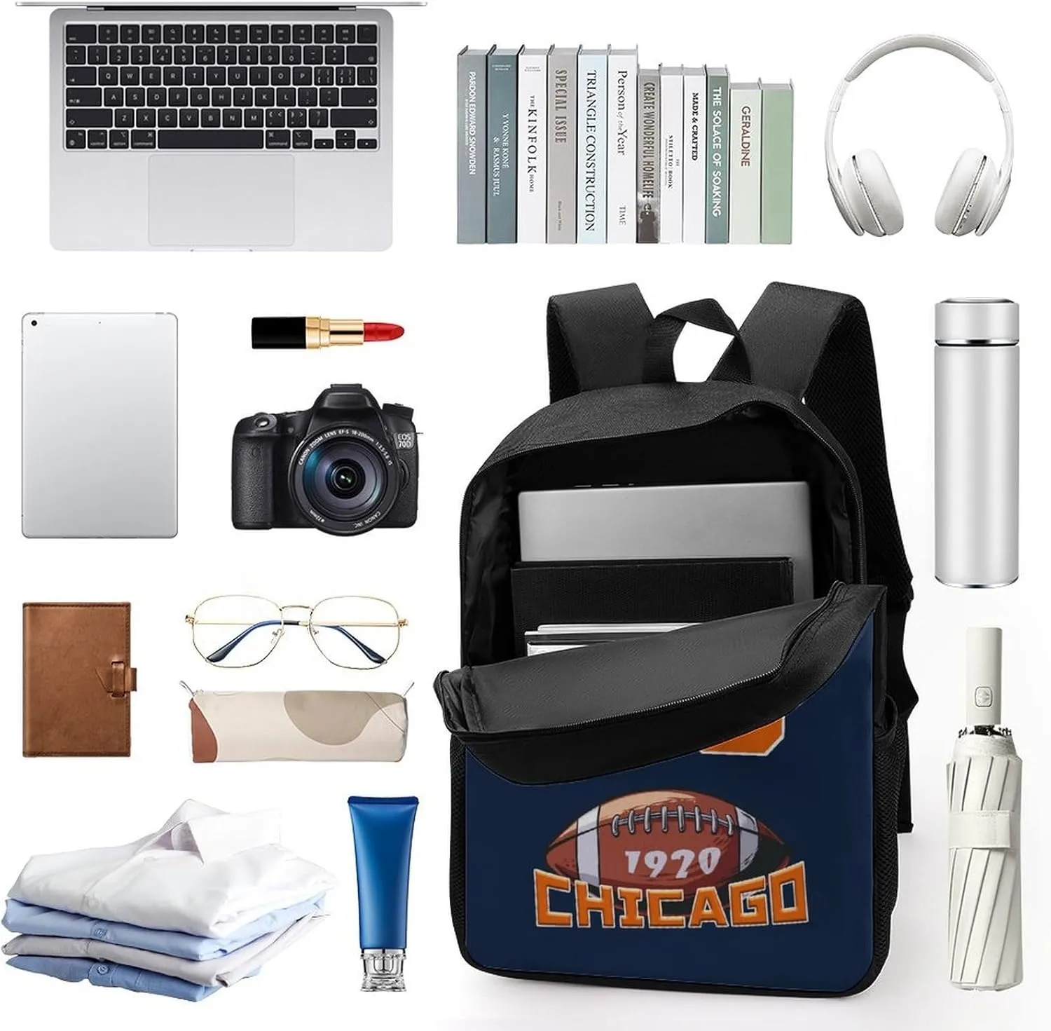 Chicago Backpack Custom Name Number Laptop Shoulder Bag Bookbag Personalized Sports Gift for Men Women Boy Girl, 17 Inch