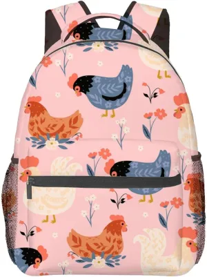 Chicken Floral Backpack for Adults Kids, 16.2 * 5.9 in Laptop Bag, Waterproof Polyester Travel Work School Gym Backpacks, Teacher Nurse Doctor Casual Bookbag Office Business Gift Idea Decor