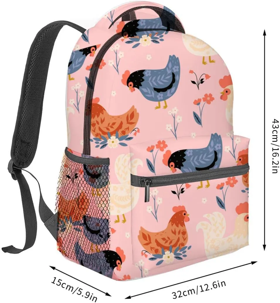 Chicken Floral Backpack for Adults Kids, 16.2 * 5.9 in Laptop Bag, Waterproof Polyester Travel Work School Gym Backpacks, Teacher Nurse Doctor Casual Bookbag Office Business Gift Idea Decor