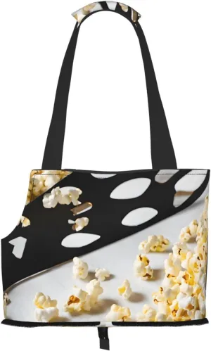 Cinema Movie Clapboard and Popcorn Printed Foldable Pet Bag - Portable Puppy Cat Travel Handbag Tote,Pet Carrier Backpacks., Black
