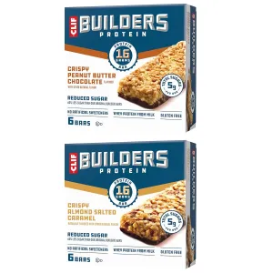 CLIF BUILDERS Protein Bars - Variety Pack - Crispy Almond Salted Caramel and Crispy Peanut Butter Chocolate Flavored - Reduced Sugar - Gluten Free - 16g Protein - No Artificial Sweeteners - 1.97 oz. (12 Count, 2 Boxes)