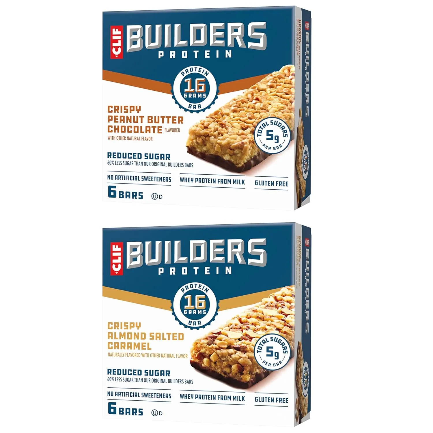 CLIF BUILDERS Protein Bars - Variety Pack - Crispy Almond Salted Caramel and Crispy Peanut Butter Chocolate Flavored - Reduced Sugar - Gluten Free - 16g Protein - No Artificial Sweeteners - 1.97 oz. (12 Count, 2 Boxes)