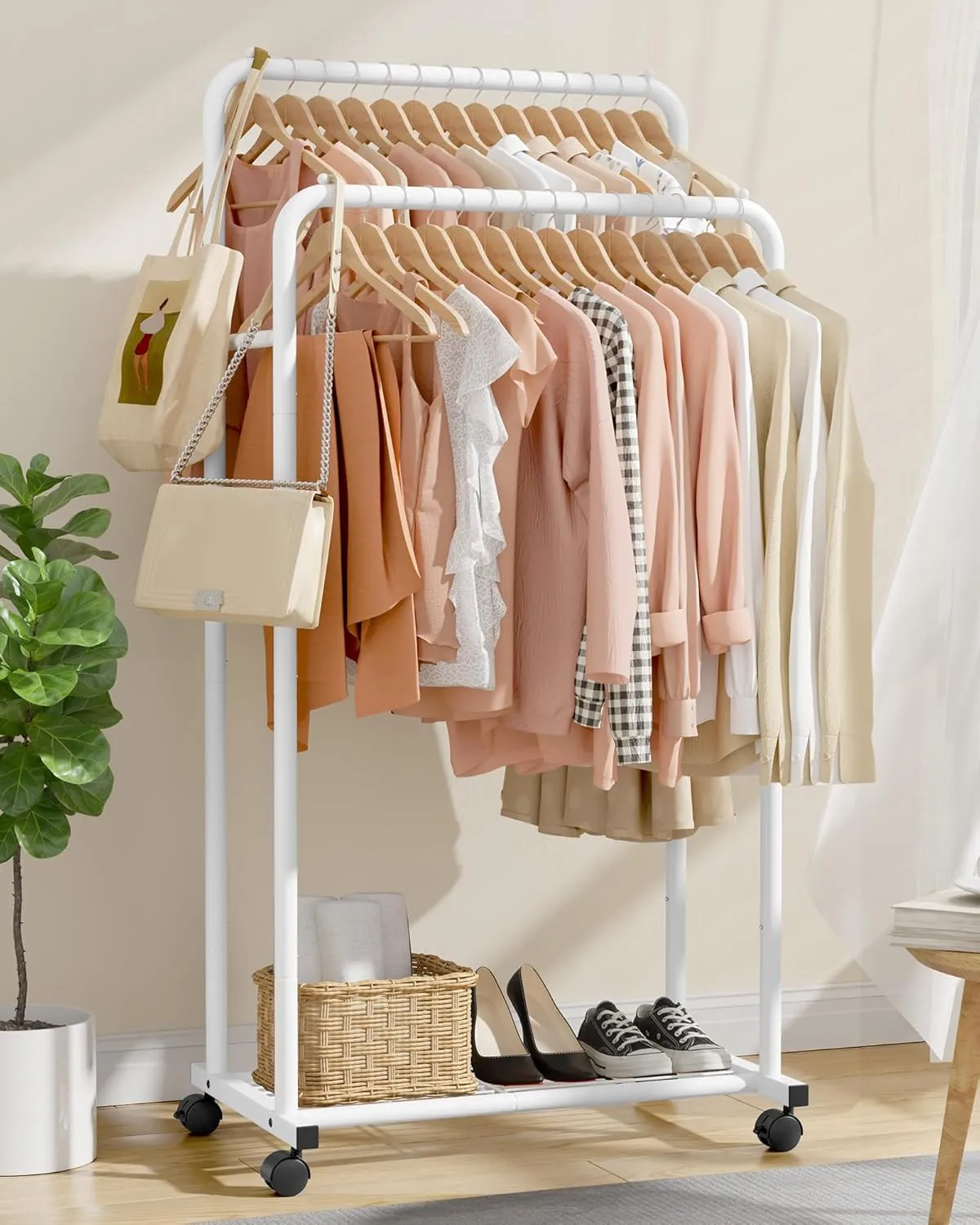 Clothes Rack - Clothing Rack with Storage Mesh Shelf & Casters, Heavy-Duty Metal Clothing Rack for Hanging Clothes, Dresses, Coats, Large Load Capacity, Easy Assembly, White, 28.0"x16.0"x59.0"