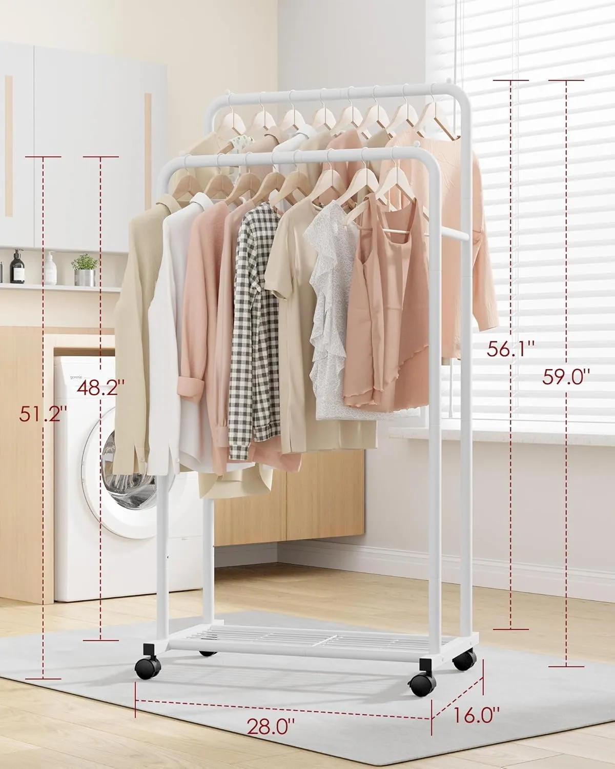 Clothes Rack - Clothing Rack with Storage Mesh Shelf & Casters, Heavy-Duty Metal Clothing Rack for Hanging Clothes, Dresses, Coats, Large Load Capacity, Easy Assembly, White, 28.0"x16.0"x59.0"