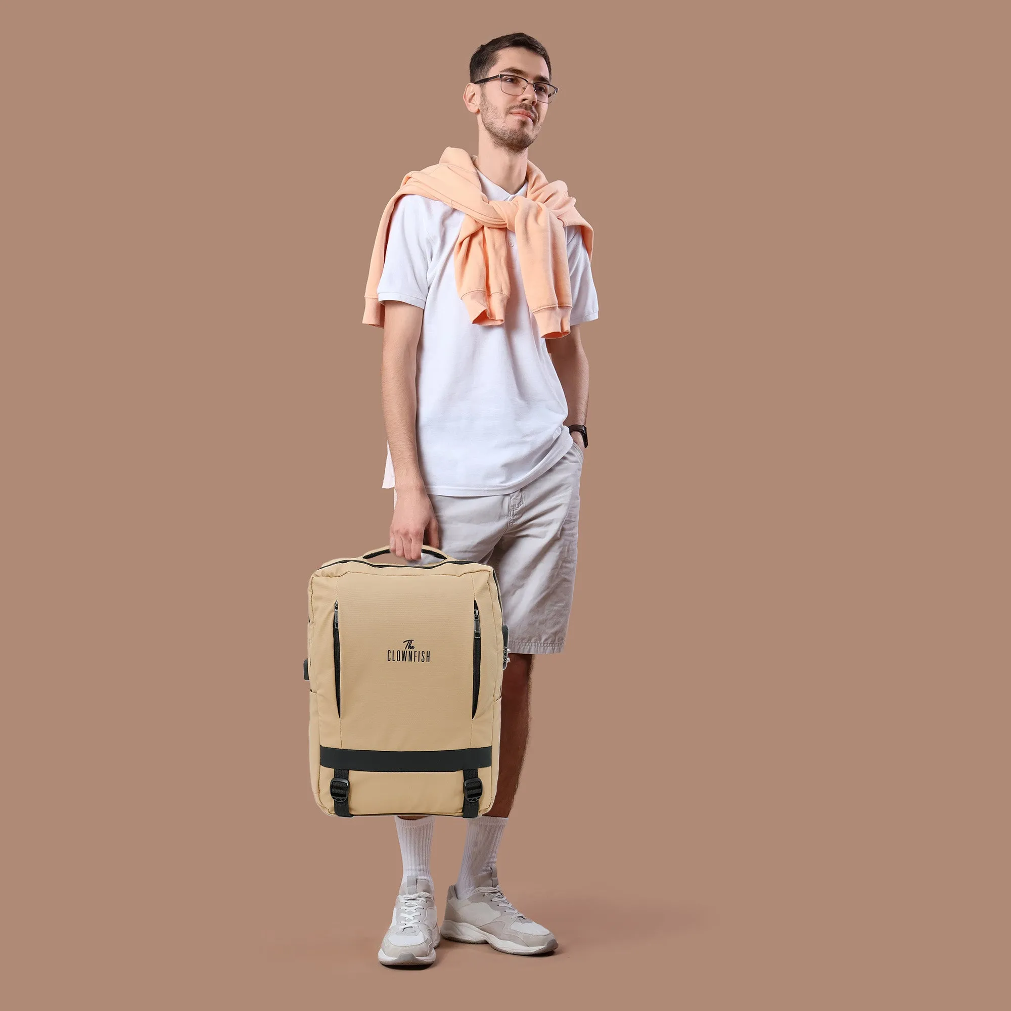 Clownfish Laptop Bag - Durable 900D Fabric, USB Port | Spacious 45L | Beige