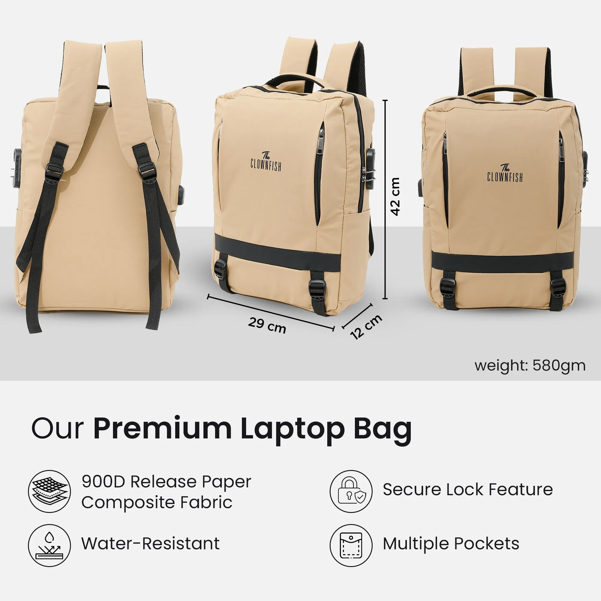 Clownfish Laptop Bag - Durable 900D Fabric, USB Port | Spacious 45L | Beige