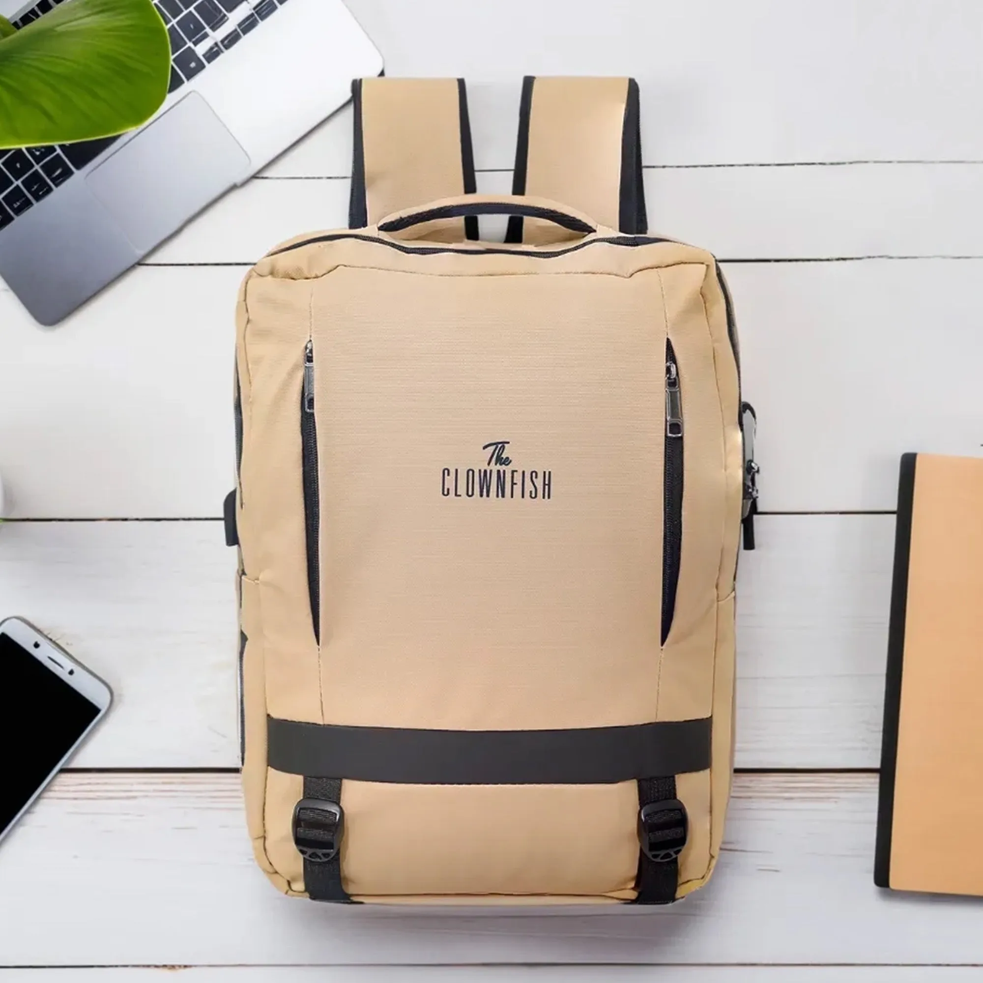 Clownfish Laptop Bag - Durable 900D Fabric, USB Port | Spacious 45L | Beige