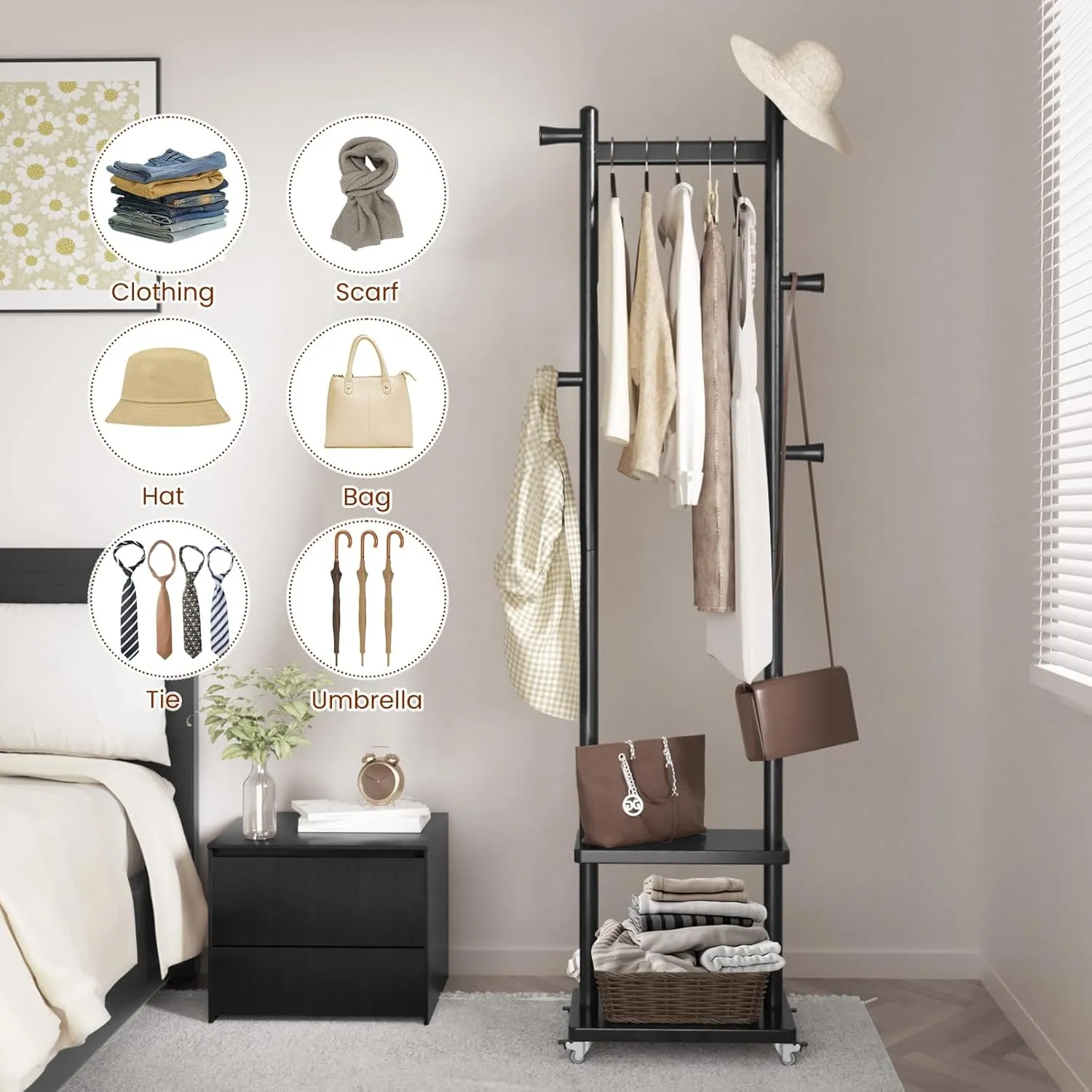 Coat Rack, Freestanding Coat Rack, Heavy Duty Clothes Rack, wood Coat Tree Stand Hat Hanger Racks with Wheels Rack for Corner Bedroom Entryway Living Room Hotel (Black)