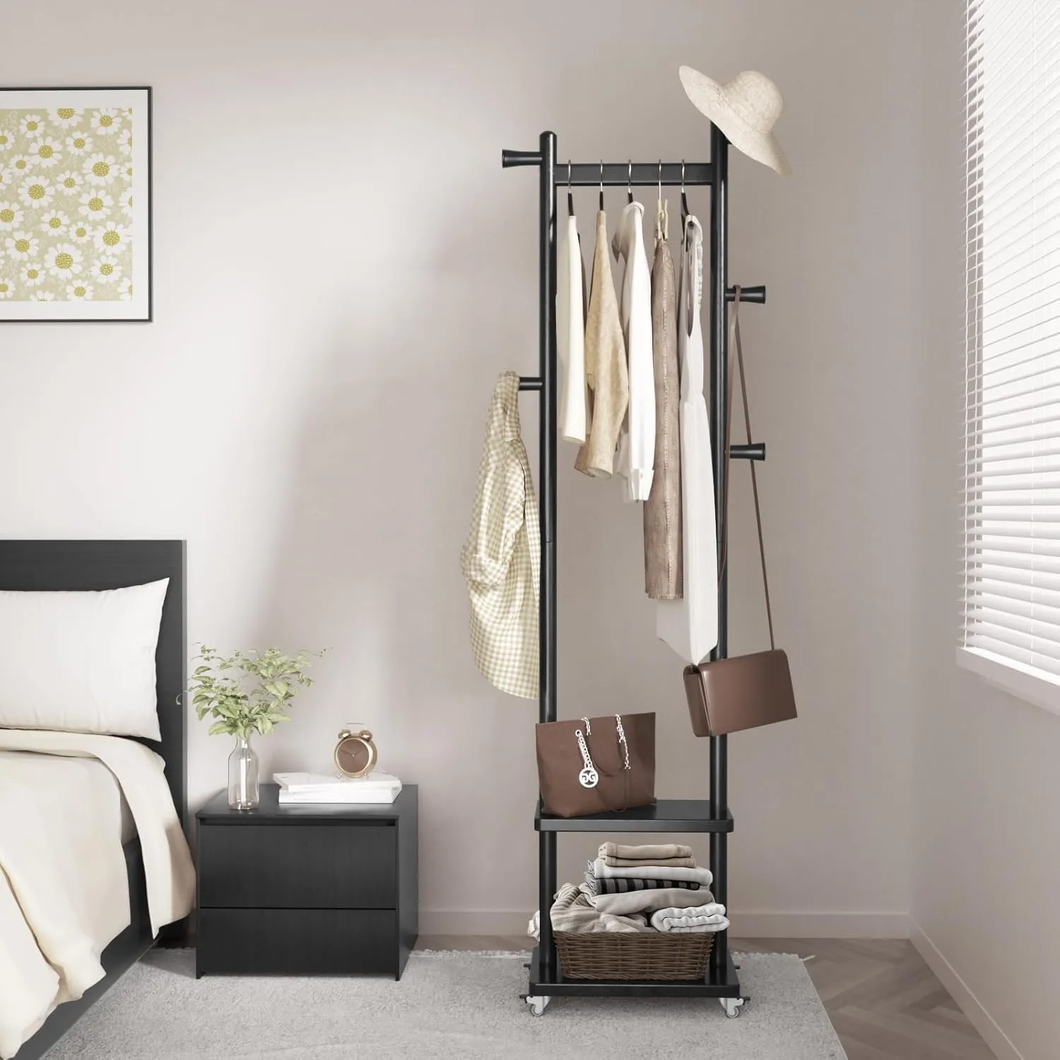 Coat Rack, Freestanding Coat Rack, Heavy Duty Clothes Rack, wood Coat Tree Stand Hat Hanger Racks with Wheels Rack for Corner Bedroom Entryway Living Room Hotel (Black)
