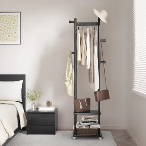 Coat Rack, Freestanding Coat Rack, Heavy Duty Clothes Rack, wood Coat Tree Stand Hat Hanger Racks with Wheels Rack for Corner Bedroom Entryway Living Room Hotel (Black)