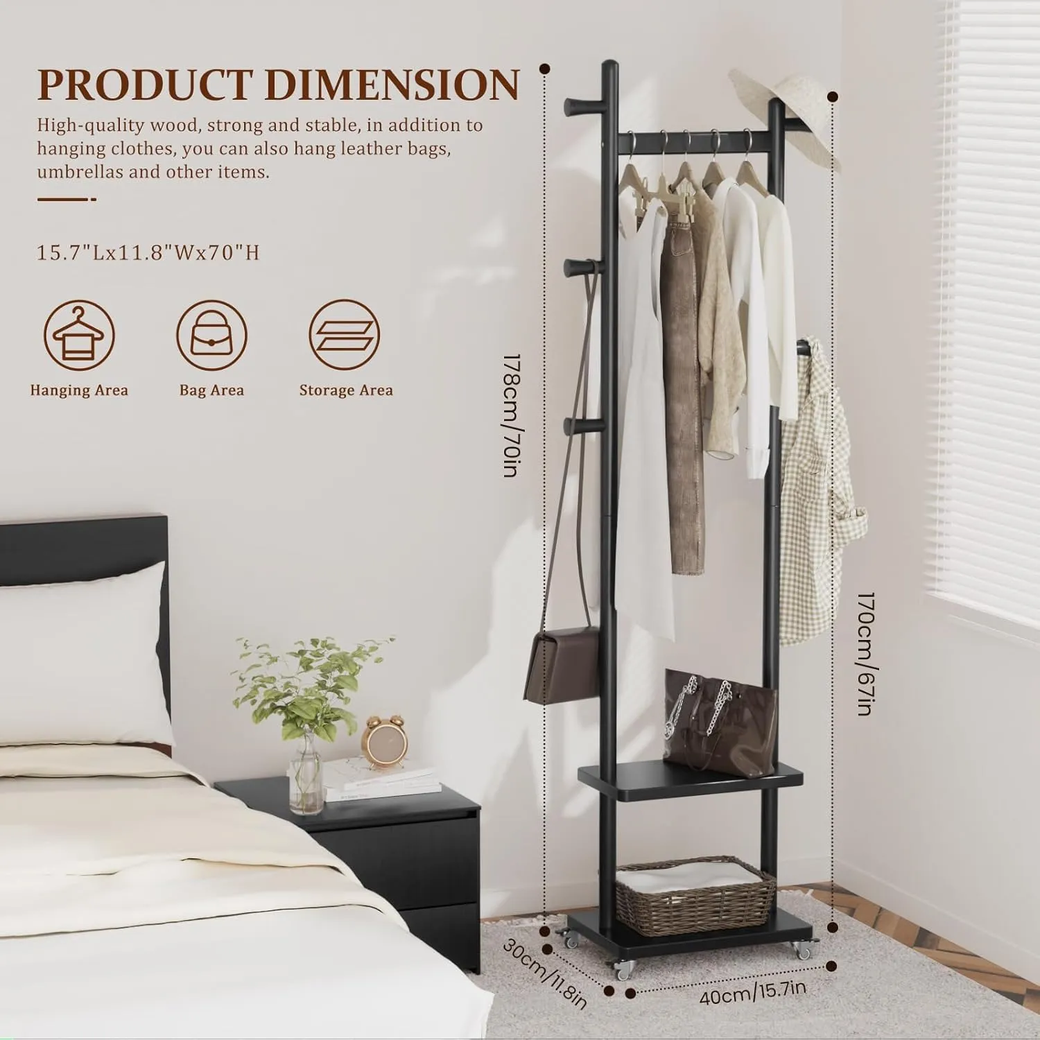 Coat Rack, Freestanding Coat Rack, Heavy Duty Clothes Rack, wood Coat Tree Stand Hat Hanger Racks with Wheels Rack for Corner Bedroom Entryway Living Room Hotel (Black)