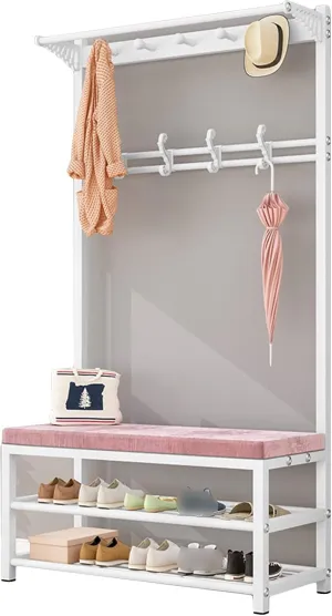 Coat Rack Stand Clothes Rack Stand, Metal Frame Hanger With Bench, Hall Entryway Office Storage Stand For Clothes Handbag Shoe, Strong Load-bearing, Assembly (Color : A, Size : 60X