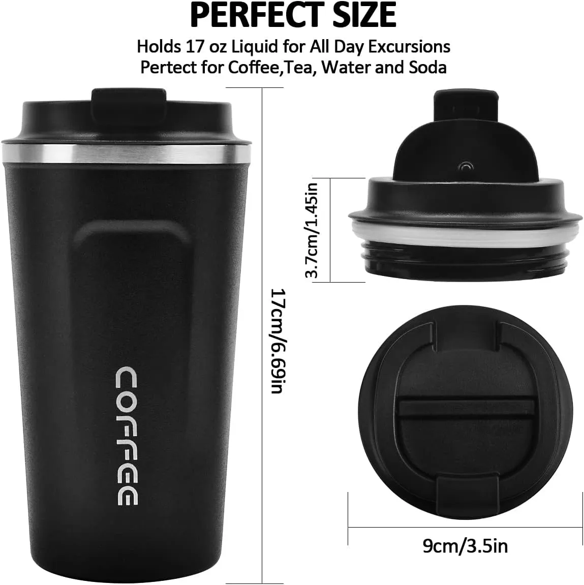 Coffee Mug 17oz - Insulated Coffee Travel Mug Spill Proof with Leakproof Lid Vacuum Stainless Steel Thermos Coffee Tumblers to GO, Reusable Coffee Cup for Men and Women for Hot & Cold Drinks (Black)