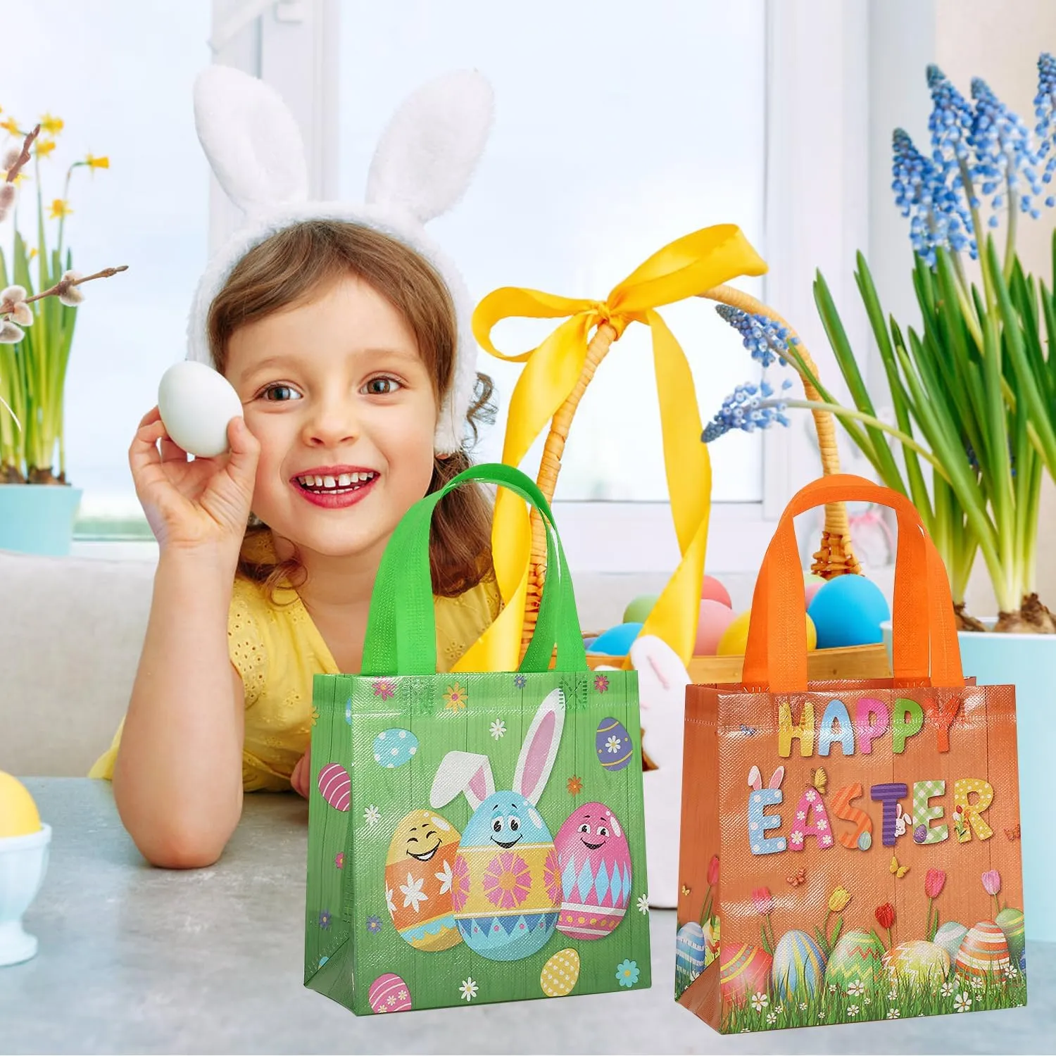 Colodeol 24 Pcs Reusable Easter Tote Bags,Non-Woven Treat Goodie Bag for Kids Egg Hunt Party Supplies