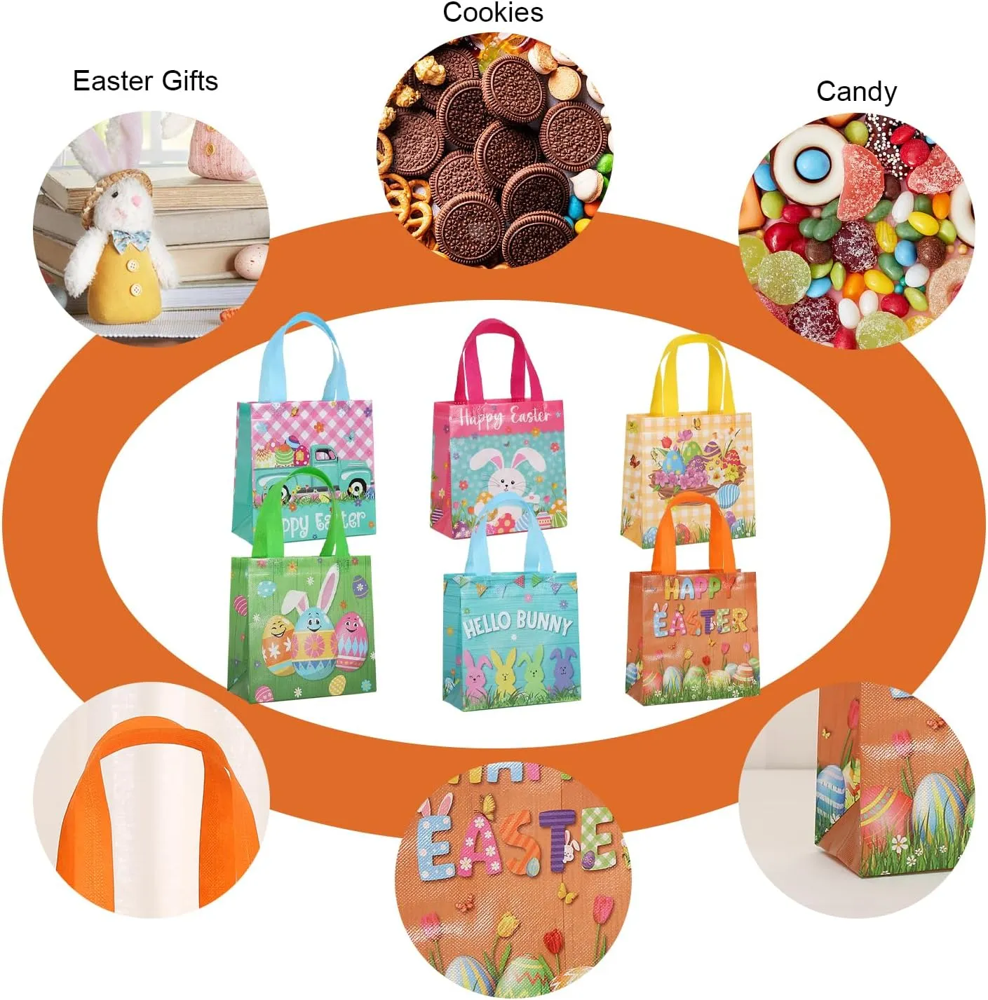 Colodeol 24 Pcs Reusable Easter Tote Bags,Non-Woven Treat Goodie Bag for Kids Egg Hunt Party Supplies