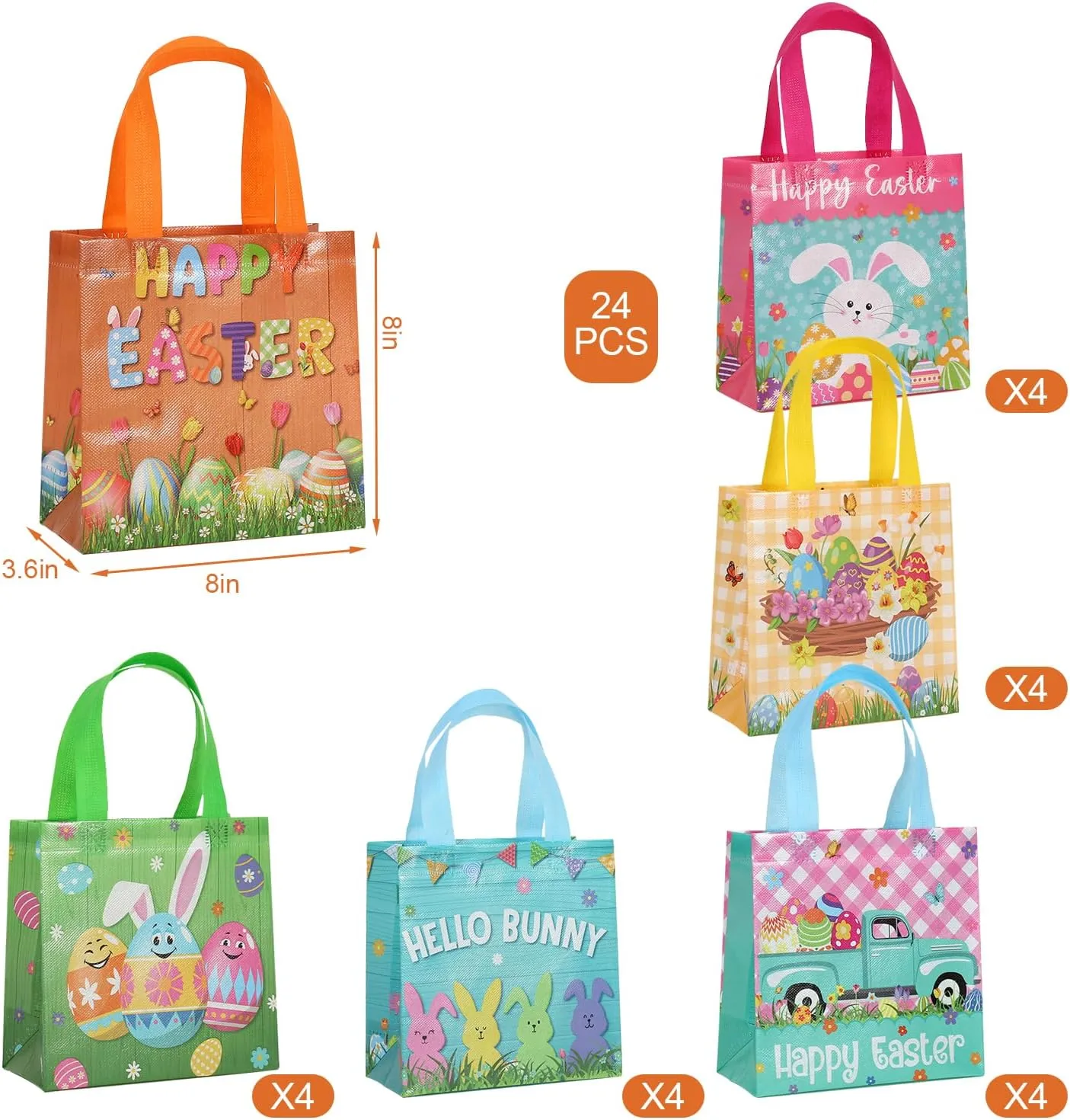 Colodeol 24 Pcs Reusable Easter Tote Bags,Non-Woven Treat Goodie Bag for Kids Egg Hunt Party Supplies