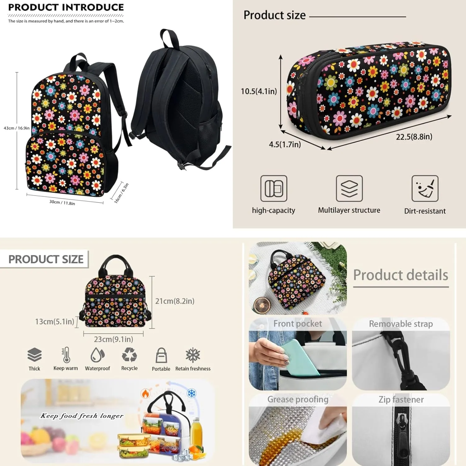 Colorful Flower Backpacks for Girls Boys Kids School Book Bag Casual Large Capacity Travel Daypack Elementary Middle School Backpack Set 3 Piece School Supplies