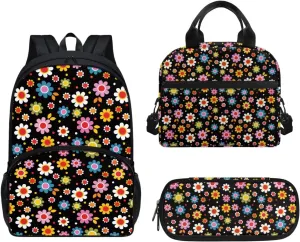 Colorful Flower Backpacks for Girls Boys Kids School Book Bag Casual Large Capacity Travel Daypack Elementary Middle School Backpack Set 3 Piece School Supplies