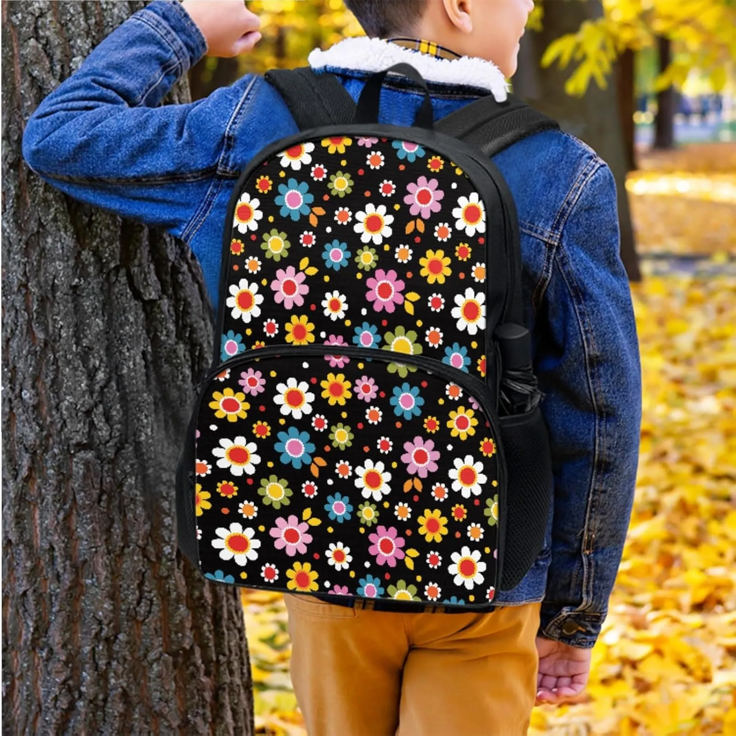 Colorful Flower Backpacks for Girls Boys Kids School Book Bag Casual Large Capacity Travel Daypack Elementary Middle School Backpack Set 3 Piece School Supplies