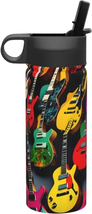 Colorful Guitar Print Flask Stainless Steel Water Bottle with Straw 18OZ FOR Outdoor Gym Commute