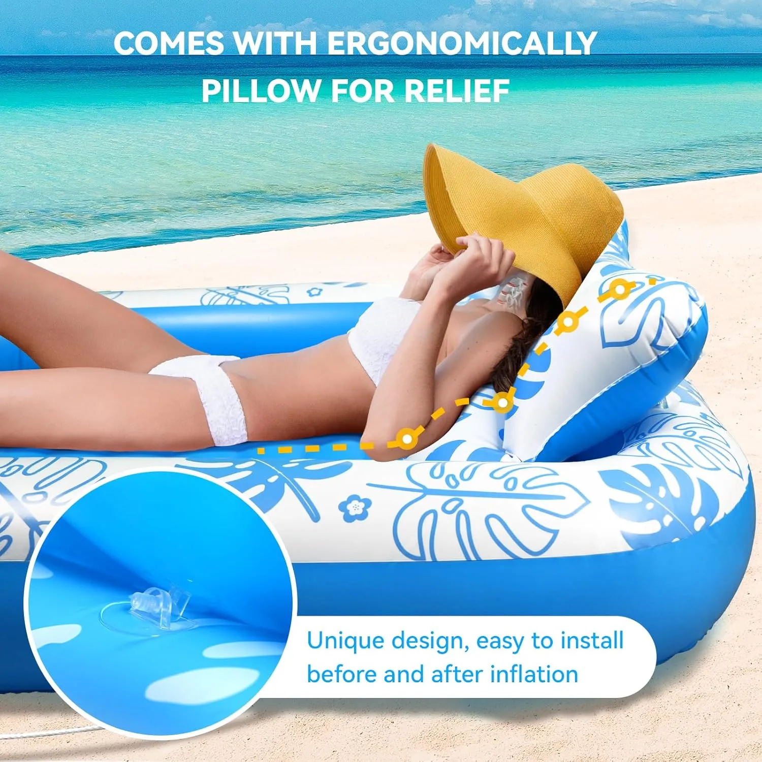 COMMOUDS Inflatable Tanning Pool Lounger Float with Cervical Pillow - Pool Floats Adult for Sunbathing, Backyard, Pool Party - Inflate Ball Pit for Babies - Kids Swimming Pool Bed