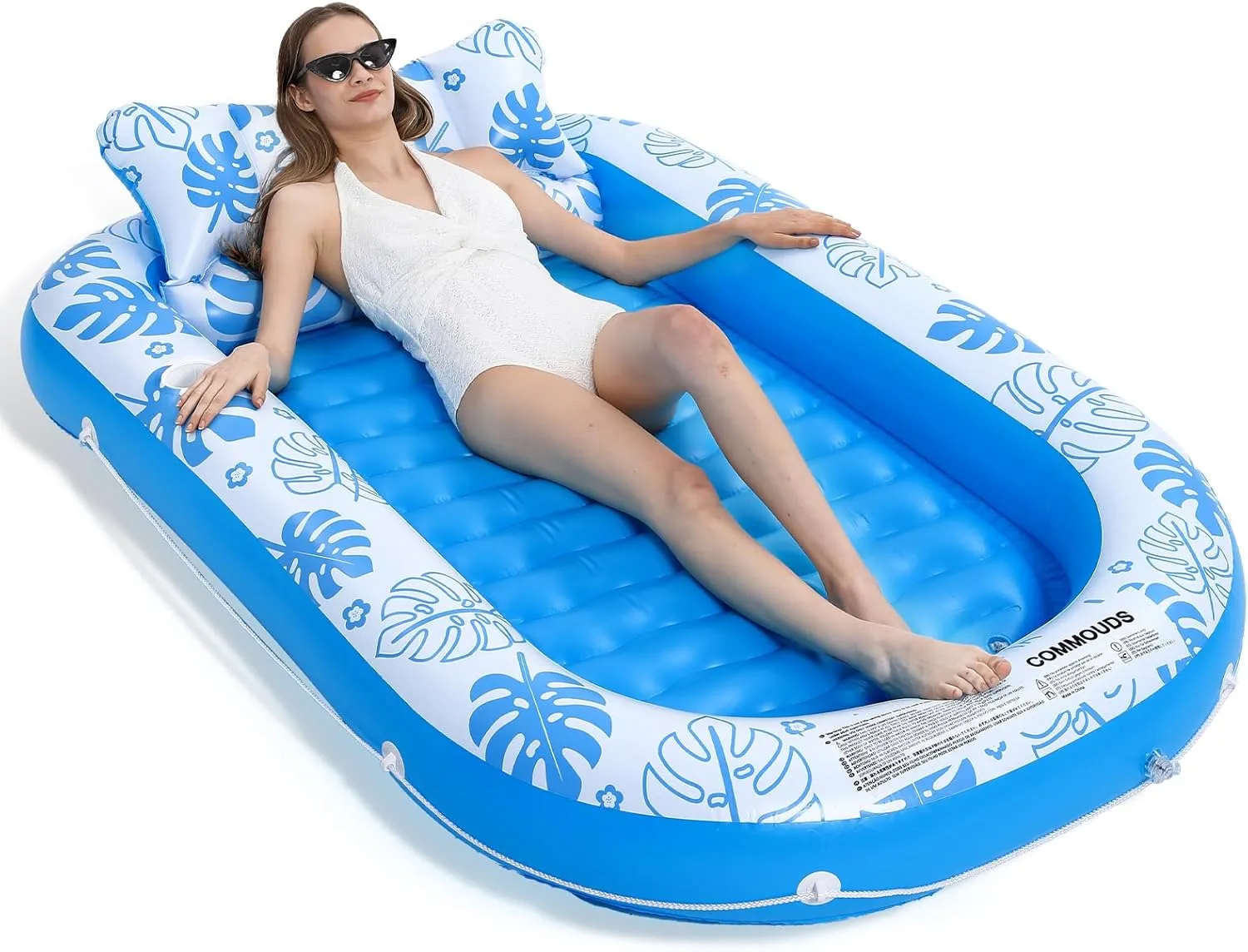 COMMOUDS Inflatable Tanning Pool Lounger Float with Cervical Pillow - Pool Floats Adult for Sunbathing, Backyard, Pool Party - Inflate Ball Pit for Babies - Kids Swimming Pool Bed