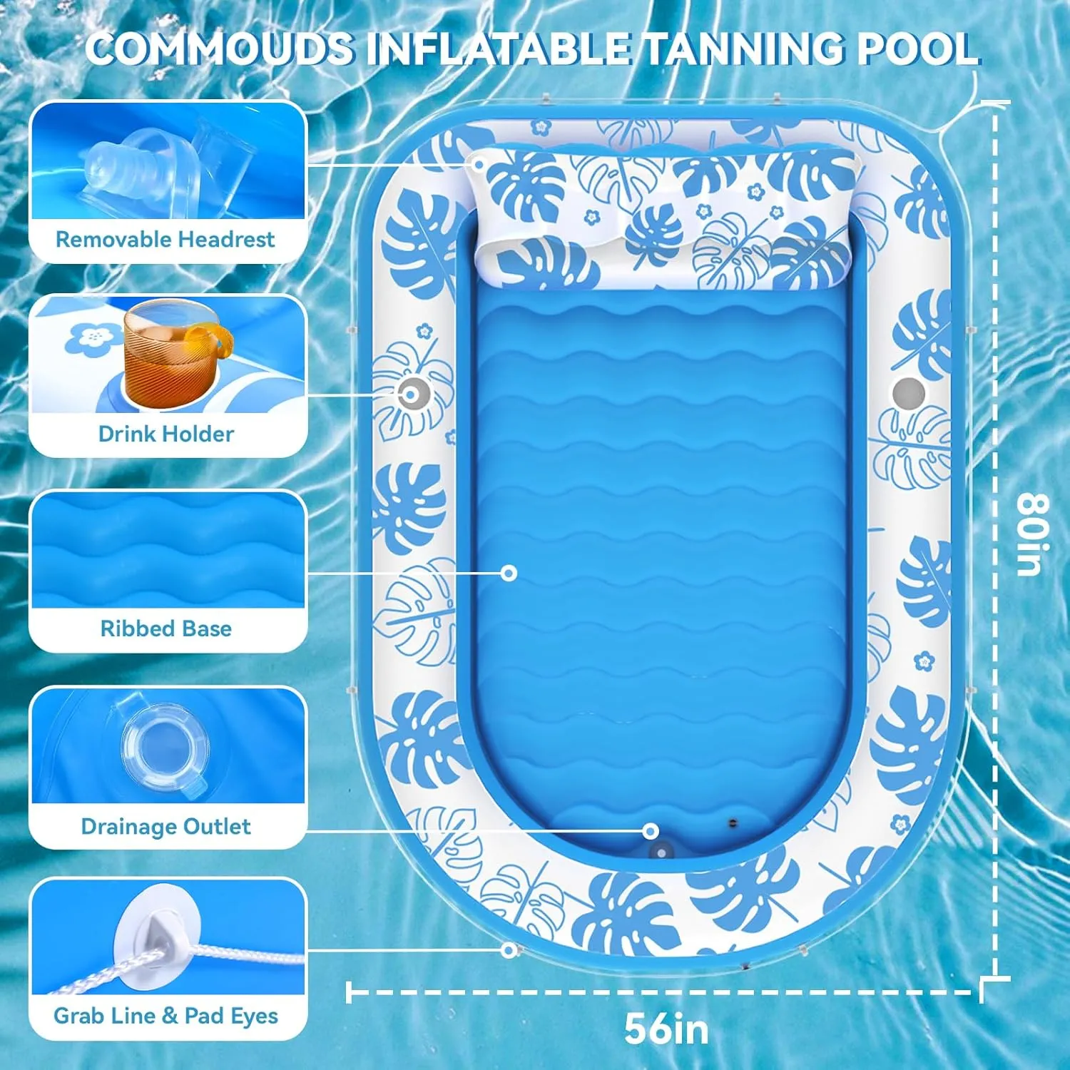 COMMOUDS Inflatable Tanning Pool Lounger Float with Cervical Pillow - Pool Floats Adult for Sunbathing, Backyard, Pool Party - Inflate Ball Pit for Babies - Kids Swimming Pool Bed