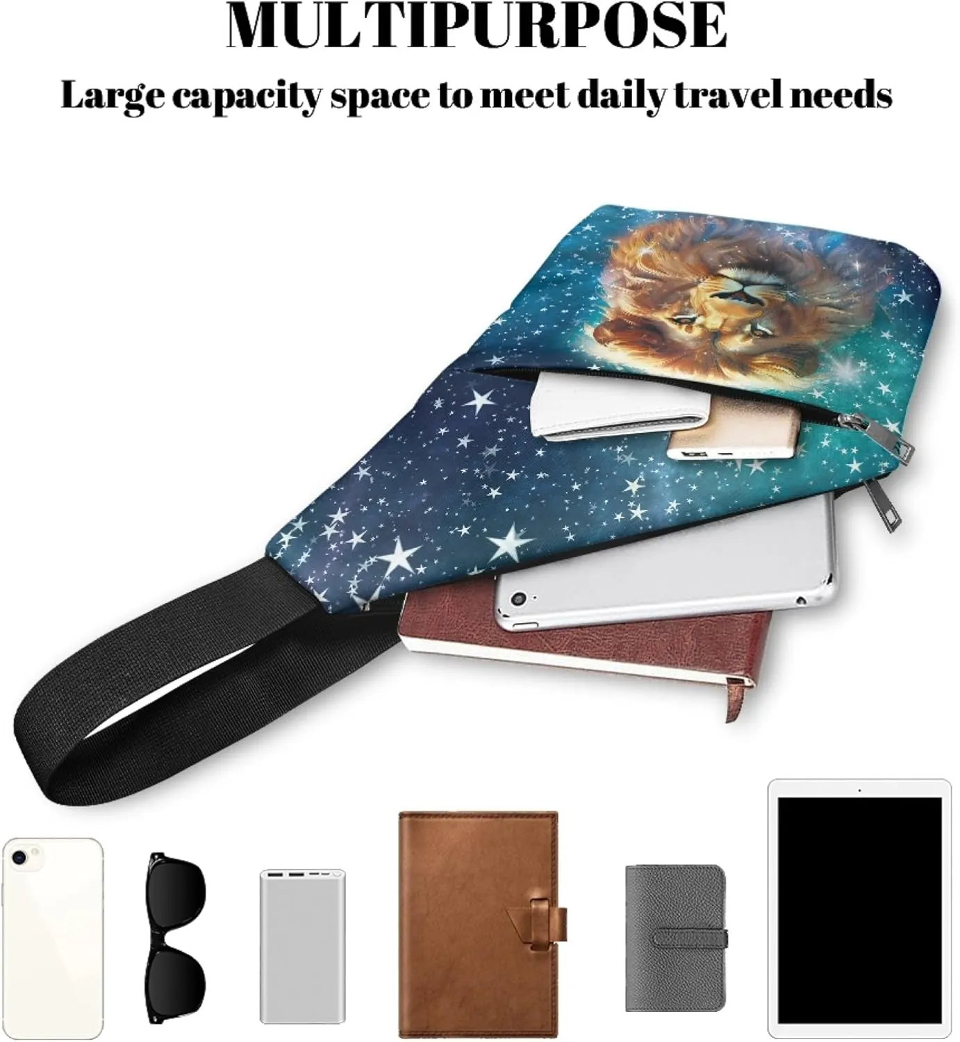 Cool Lion Print Shoulder Bag for Men Multifunctional Slim Carry Crossbody Bag with Smooth Zipper Personal Travel Bag Crossbody Bags for Men Travel Outdoors