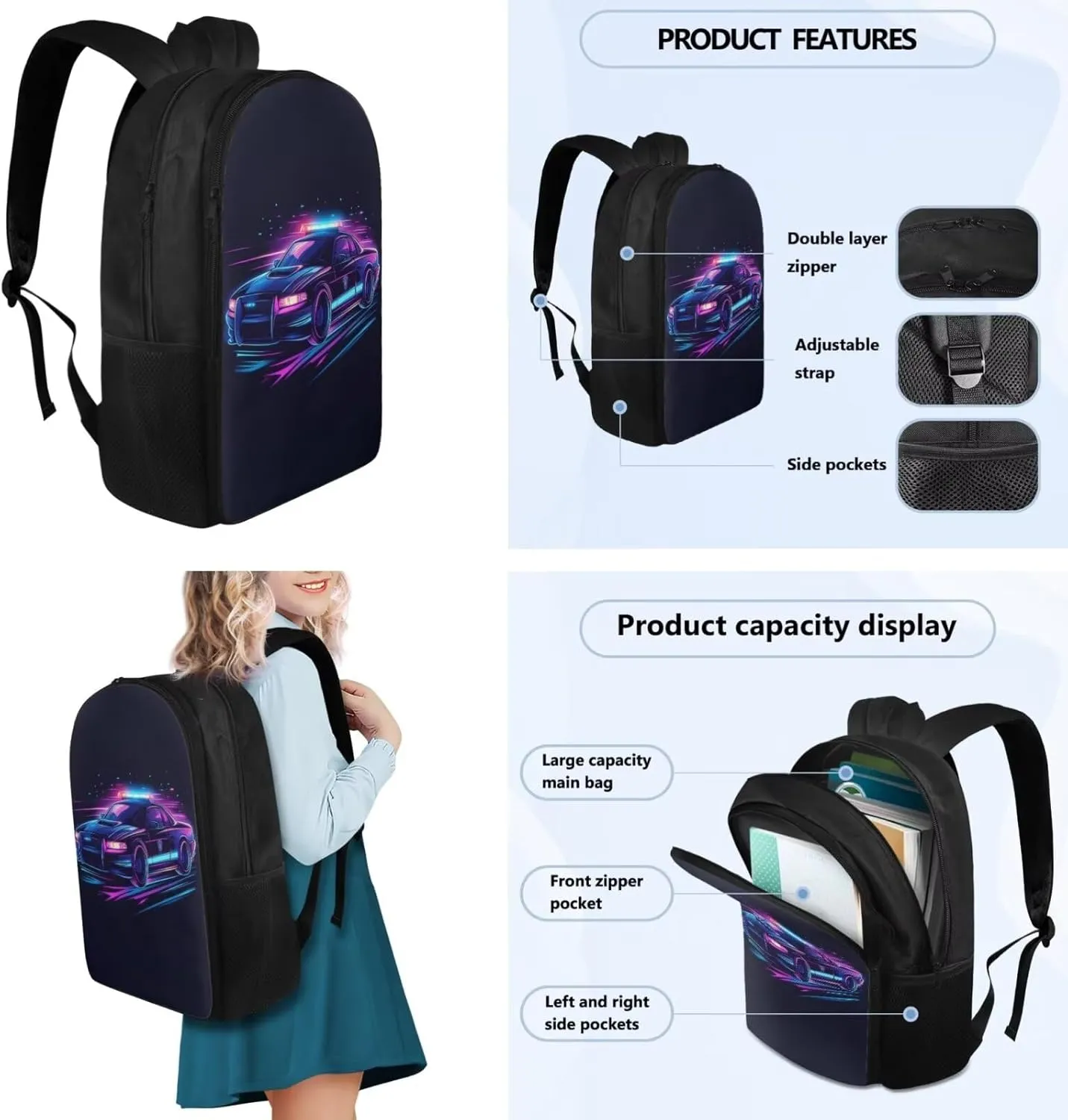 Cool Police Car Simple Modern Backpack and Lunch Box Set 17 Inch Girls Backpacks Ages 8-10 4 Piece Easy Clean Lightweight Large Capacity Pencil Case Personalized Bookmark