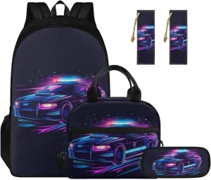 Cool Police Car Simple Modern Backpack and Lunch Box Set 17 Inch Girls Backpacks Ages 8-10 4 Piece Easy Clean Lightweight Large Capacity Pencil Case Personalized Bookmark