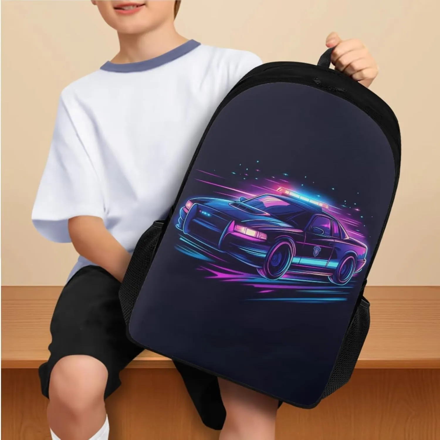 Cool Police Car Simple Modern Backpack and Lunch Box Set 17 Inch Girls Backpacks Ages 8-10 4 Piece Easy Clean Lightweight Large Capacity Pencil Case Personalized Bookmark