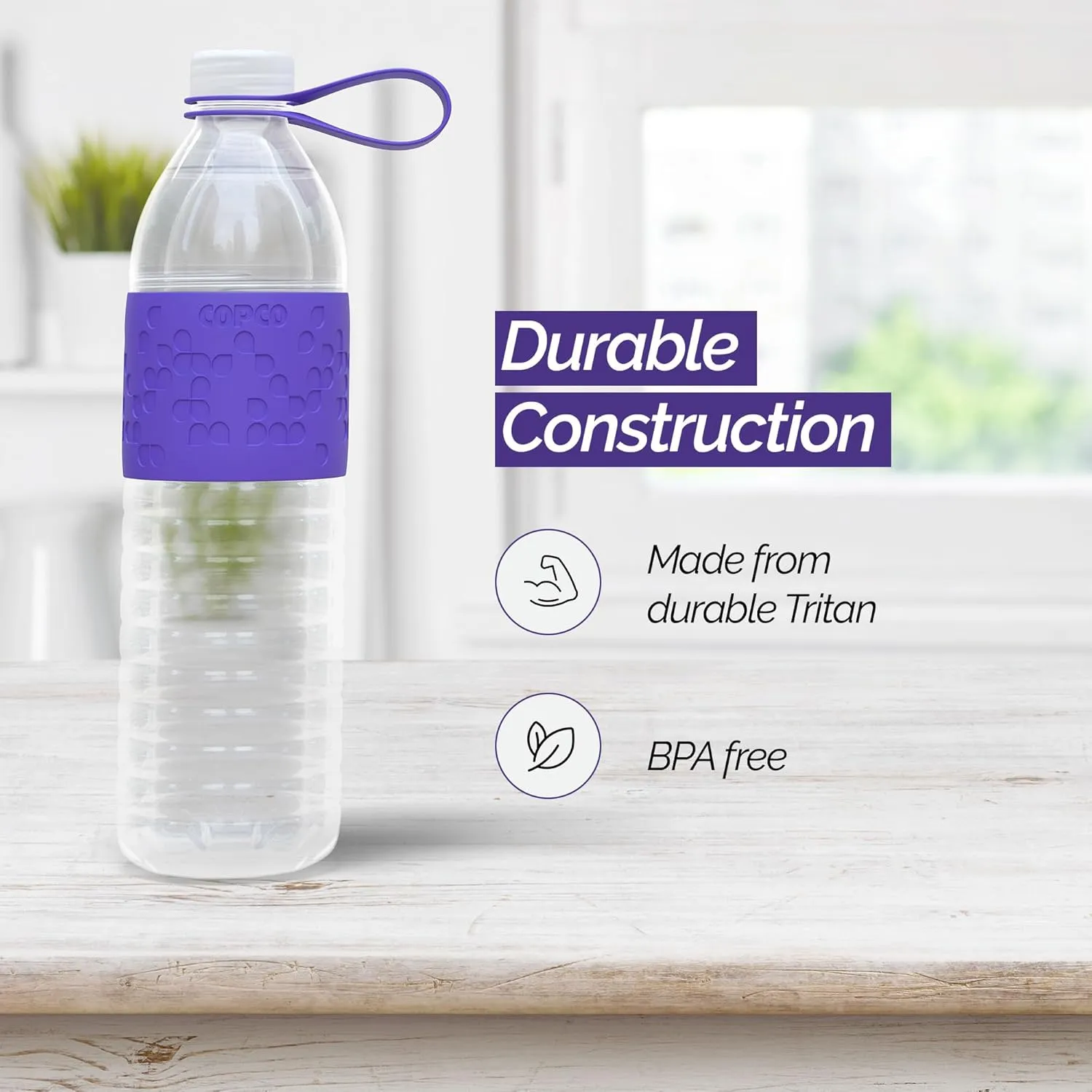 Copco Hydra 20 oz Tritan Water Bottle with Leak-Proof Lid & Textured Grip - BPA-Free, Dishwasher Safe, Easy Twist-Open for Ice & Fruit - Fits Cup Holders, Lightweight, Durable( Purple)