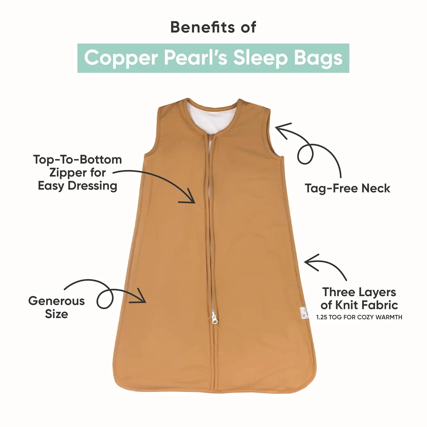 Copper Pearl Sleep Sack: Warm and Cozy Baby Bag in a Variety of Trendy Designs, Safe Alternative to Blankets, Sleeveless Baby Sleep Sack Swaddle Sizes Newborn to 24 Months - Camel