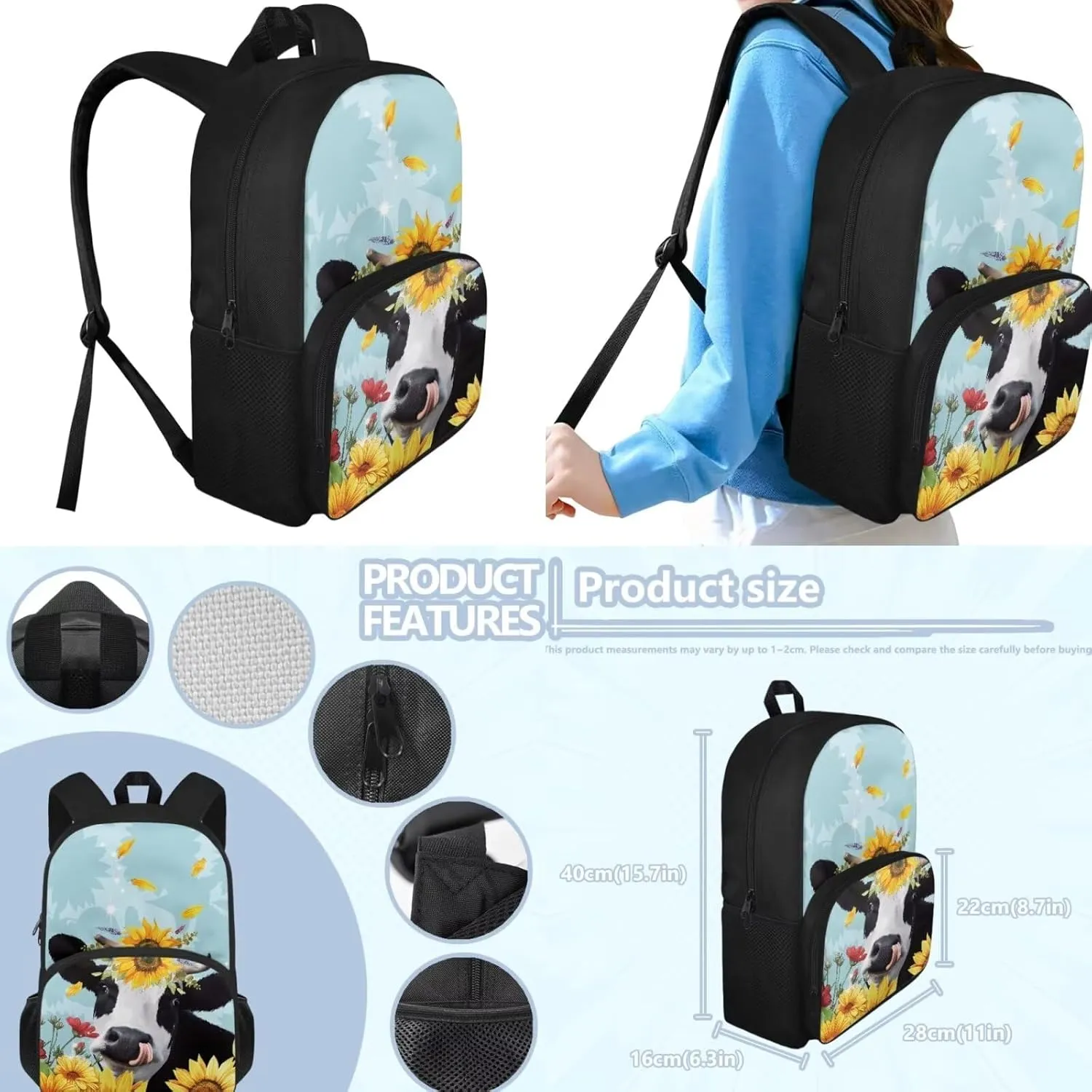 Cow Sunflowers Girls Backpacks Ages 8-10 Children's 3 Piece Schoolbag Set with Lunch Box Pencil Case Elementary 4th Grade Daypack Student Camping Backpacks Rucksack
