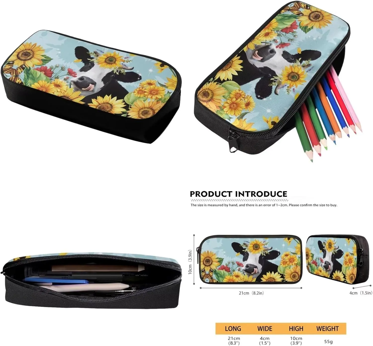 Cow Sunflowers Girls Backpacks Ages 8-10 Children's 3 Piece Schoolbag Set with Lunch Box Pencil Case Elementary 4th Grade Daypack Student Camping Backpacks Rucksack