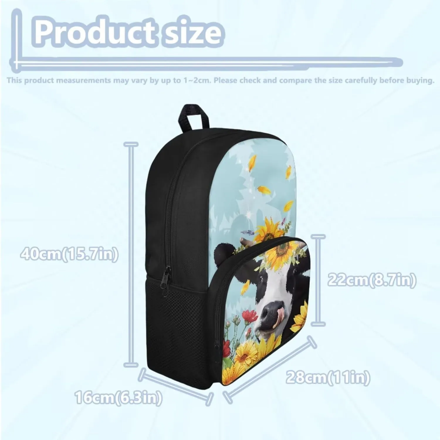 Cow Sunflowers Girls Backpacks Ages 8-10 Children's 3 Piece Schoolbag Set with Lunch Box Pencil Case Elementary 4th Grade Daypack Student Camping Backpacks Rucksack