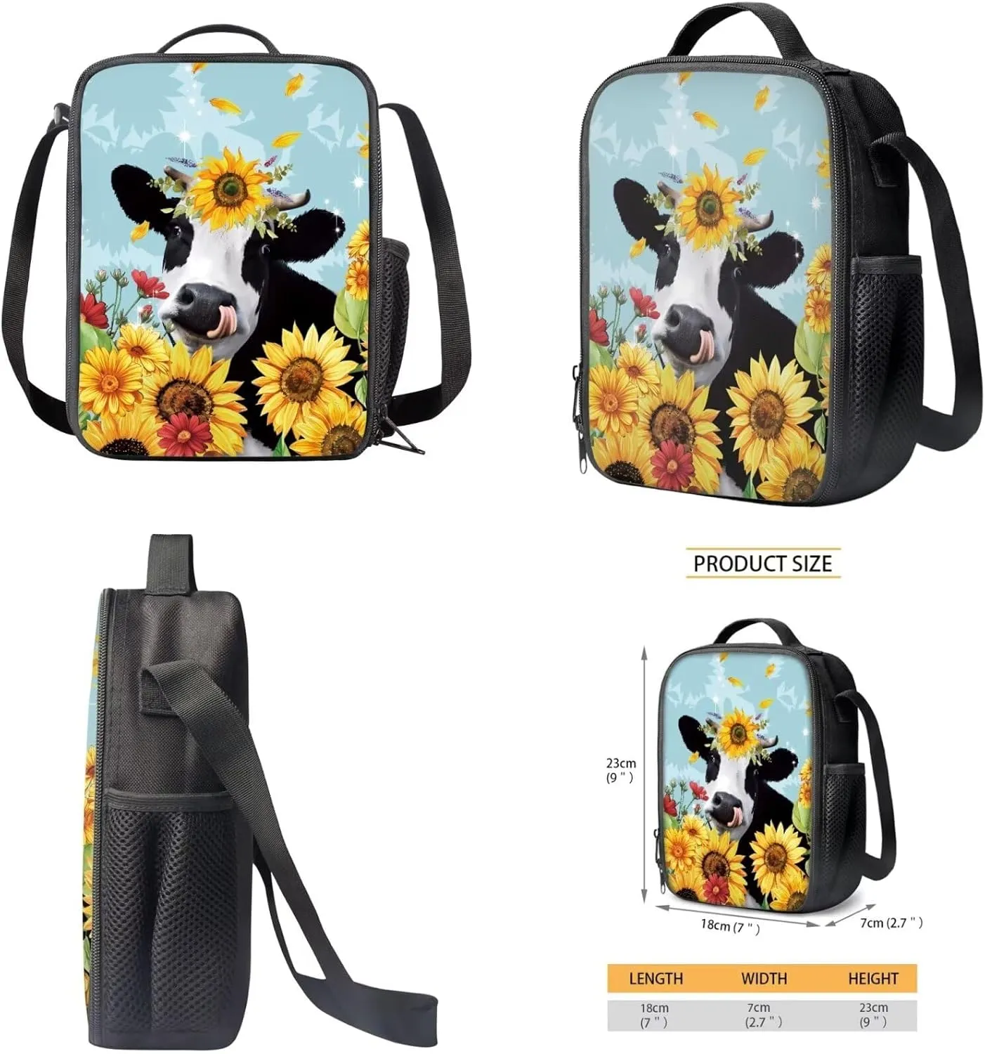 Cow Sunflowers Girls Backpacks Ages 8-10 Children's 3 Piece Schoolbag Set with Lunch Box Pencil Case Elementary 4th Grade Daypack Student Camping Backpacks Rucksack